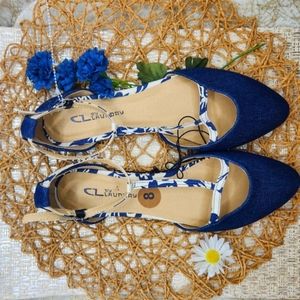 Chinese laundry denim flat floral ankle strap